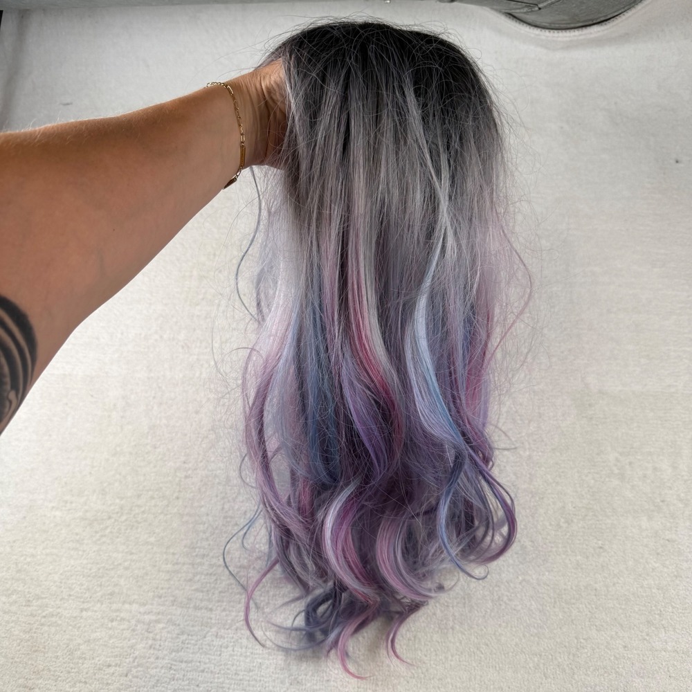 Spirit Halloween Ombre Grey Pink Blue Long Wavy Synthetic Costume Wig 01637198